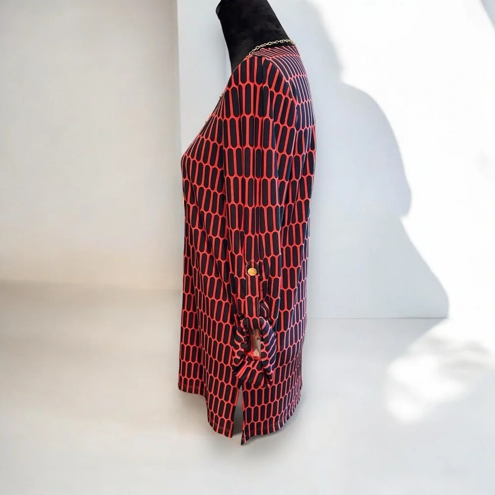 Michael Michael Kors Red‎ Black Geometric Print Gold chain Lace up  tunic top - Picture 4 of 8